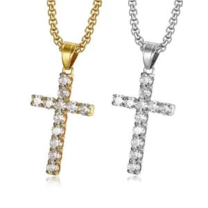 RENSINO European and American for Men Gold Plated 316L Stainless Steel Inlaid Zircon Christian Jewelry Cross Pendant Necklace