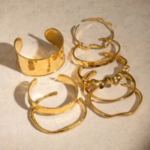 RENSINO European and American stainless steel plated 18K gold bracelet irregular bracelet with pounding pattern wave opening bracelet