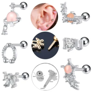 RENSINO Everyday Wear Fashion Piercing Jewelry Stainless Steel Body Accessories Copper Inset Zircon Heart Shaped Ear Bone Piercings Bows