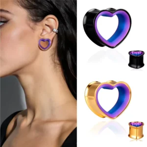 RENSINO Evorte New Gold Two color Heart Stainless Steel Fit Body Ear Tunnels Piercing Wedding Body Jewelry Stretcher Studs Unisex Trendy