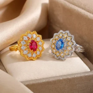 RENSINO Explosions Antique Lace Color Treasure Ring Women’s Heavy Industry S925 Sterling Silver Gold Plated Retro Style Exquisite Live