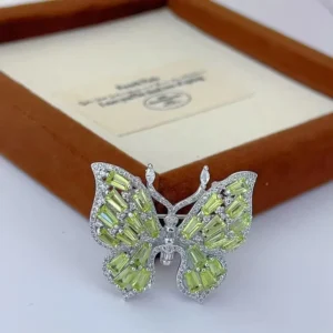 RENSINO Exquisite 925 Silver Jewelry Rhodium Plated Olivine Butterfly Brooch for Women’s Weddings and Parties Birthday Gift Idea