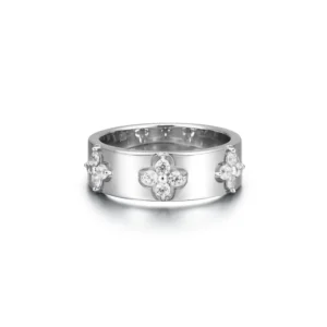 RENSINO Exquisite 925 Sterling Silver 2mm Round Brilliant Cut VVS Moissanite Four Leaf Clover Women’s Ring Jewelry