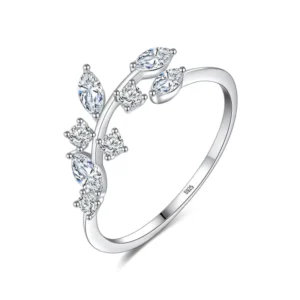 RENSINO Exquisite CZ Stone Silver 925Jewelry Adjustable Open Ring Korean 925 Sterling Silver Handmade Olive Leaf Rings for Women