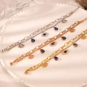 RENSINO Exquisite Design Tarnish Free Stainless Steel Gold Silver Rose Gold Double Layer Chains Zircon Teardrop Blue Evil Eye Bracelet