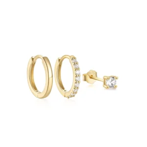 RENSINO Exquisite Fashion Versatile S925 Sterling Silver Zircon Earrings Gifts for Women Round 3 Pieces a Set Hoop Earrings