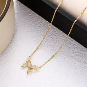 RENSINO Exquisite Fashion Women’s Gold Jewelry Cubic White Zirconia butterfly Pendant S925 Sterling Silver Necklace Gift