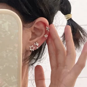 RENSINO Exquisite Women Girls Ear Studs Jewelry Asymmetric Silver Metal Hollow Star Stud Earrings With 925 Sterling Silver Needle