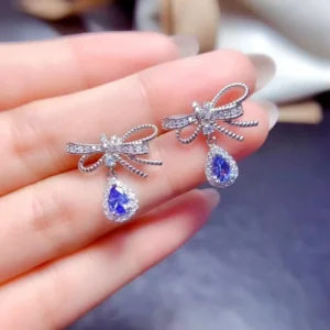 RENSINO Exquisite and Sweet Jewelry for Women Silver 925 Natural Tanzanite Summer Fashion Drop Bow Earrings