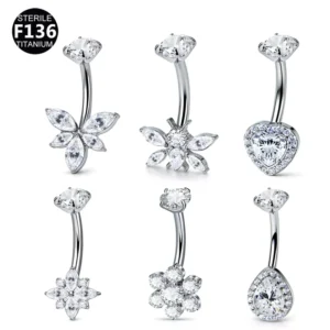 RENSINO F136 Titanium Belly Ring CZ Butterfly Dragonfly Heart Halo Teardrop Flower Internally Threaded Navel Body Piercing Jewelry