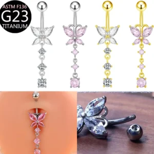 RENSINO F136 Titanium Butterfly Zircon Navel Ring Body Jewelry Unisex for Cross Border for
