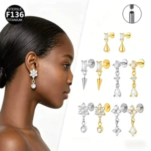RENSINO F136 Titanium Pendant Flower Shaped Tapered Chain Internal Thread Lip Stud Ear Cartilage Stud Body Piercing Jewelry