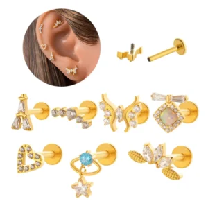 RENSINO F136 Titanium Piercing Earrings CZ Internal Threaded Piercing Earrings Tragus Cartilage Flat Back Earring Stud Body Jewelry