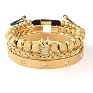 RENSINO F467 Mesh Long Curved for Men Crown Jewelry Stainless Steel 18K Gold Charm Bracelet