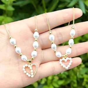 RENSINO FM LHN1920 Nice Heart Charm Necklace Gold Plated Pearl Heart Pendant Necklace Fashion Women Pearl Beads Necklace