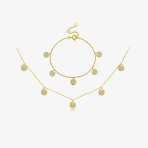RENSINO FUAMAY Dainty 925 Sterling Silver 18K Gold Plated Women Necklace Bracelet Set with Sparkling Cubic Zircon Coin Pendant Necklace