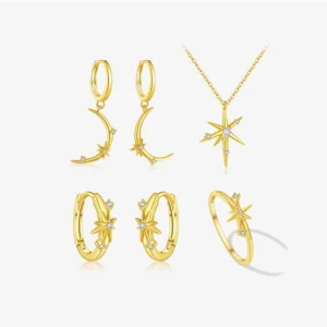 RENSINO FUAMAY Fashion S925 Silver Jewelry Set With Star Dainty 18K Gold Plated Silver Irregular Star Necklace Ring Earrings Set