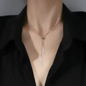 RENSINO FY-PL160 925 Sterling Silver Geometric Triangle Necklace Women’s Adjustable Necklace Long Tassel Light Luxury Niche Design