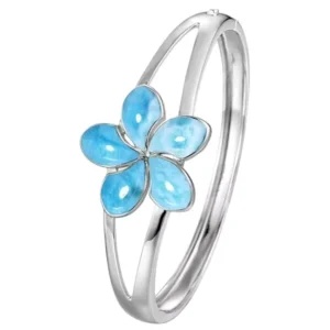 RENSINO Factory 925 Sterling Silver Blue Larimar Sea Life Plumeria Flower Bracelet Natural Hawaiian Larimar Plumeria Bangle