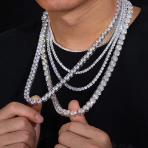 RENSINO Factory Custom Hip Hop Moissanite Tennis Chain 925 Sterling Silver Iced Out Necklace Length Options 16 to 24 Inch Fine Jewelry