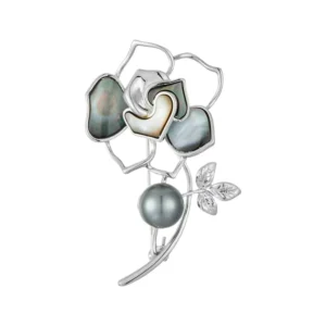 RENSINO Factory Custom Luxury Fashion Accessory Silver Plated Brass Alloy Shell Imitation Pearl Hollow Camellia Flower Brooch