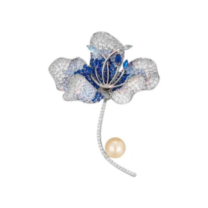 RENSINO Factory Custom Luxury Silver Plated Brass Alloy Multi color Cubic Zirconia Imitation Pearl 5 petal Flower Brooch
