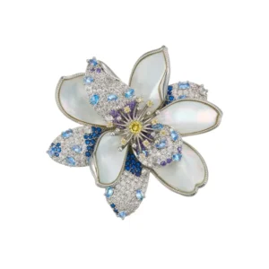 RENSINO Factory Custom Luxury Silver Plated Brass Alloy Shell Multi color Cubic Zirconia Multi petal Flower Brooch