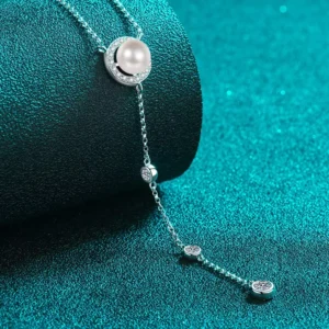 RENSINO Factory Custom Women Natural 8mm White Pearl Jewelry 925 Sterling Silver VVS1 Moissanite Long Chain Necklace Gift