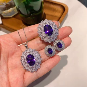 RENSINO Factory Customized Simple and Exquisite Purple Zircon 925 Silver Wedding Women Jewelry Set