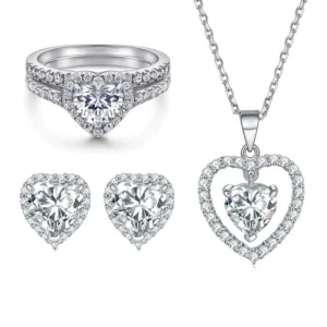 RENSINO Factory Direct Sale Custom 925 Sterling Silver Heart Shape Diamond Zircon Bridal Ring Earring and Necklace Jewelry Set