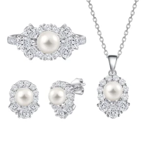 RENSINO Factory Direct Sale Custom Real Freshwater Pearl Silver Jewelry Set CZ Ring Necklace Earrings 3pcs Bridal Jewellery Sets