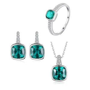 RENSINO Factory Direct Sales Silver Jewellery 925 Sterling Emerald Zirconia Wedding Accessories Ring Earrings Necklace Jewelry Set