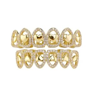 RENSINO Factory Halloween Jewelry Gold Silver Metal Color Plating Brass and Zircon Six Piece Hollow Out Heart Hip Hop Grillz