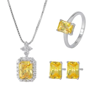 RENSINO Factory High Carbon Diamond Jewelry Eco friendly Copper Square Yellow Zircon Necklace Ring Earrings Jewelry Set