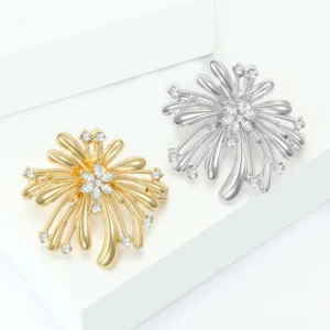 RENSINO Factory Hot Selling Creative Design Gold and Silver Colors Alloy with Bling Rhinestone Fireworks Brooch for Women’s Elegant Suit