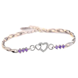 RENSINO Factory Korean Version Amethyst Plated 925 Silver Heart Shaped Bracelet zircon Jewelry Creative