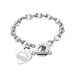 RENSINO Factory Made Fashion Heart Crystal Buckle Stainless Steel Chain Charm Bracelet