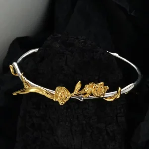 RENSINO Factory Origin Design Chic Adjustable Fine Jewelry Bracelet Women 925 Sterling Silver Two Tone Rose Flower Bangle for Girls