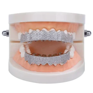 RENSINO Factory Real White Gold Color Plating Brass and Bling Zircon Iced Out Hip Hop Eight Teeth Grillz