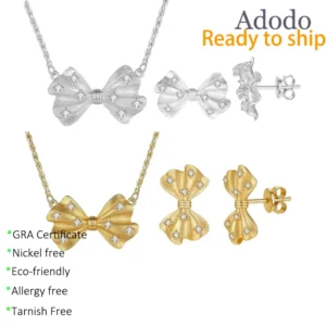 RENSINO Factory S925 Sterling Silver Necklace Earrings Fine Jewelry Set with VVS1 Moissanite Hand-Brushed Bow