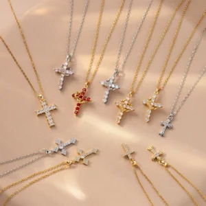 RENSINO Factory Wholesale Stainless Steel Necklaces with a Fashionable Cross Gold Full Diamond Design Sense for Ladies