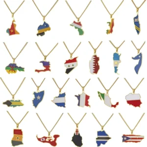 RENSINO Factory World Countries Map Flag Charm Chain Necklace Stainless Steel Silver 18K Gold Plated National Flag Pendant Necklace