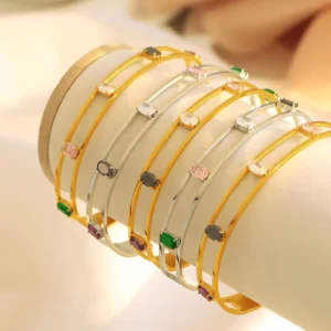 RENSINO Fade resistant Retro Zircon Inlaid Open Bangle Elegant Gold Titanium Steel Wrist Jewelry for Art Exhibition