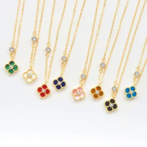 RENSINO Famous Designer Women’s S925 Silver Gold Platinum Plated Pastoral Style Four Leaf Clover Lucky Black White Agate Jewelry Set