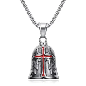 RENSINO Fancy Retro Rhodium Plated Stainless Steel Bell Pendant Necklace Hip Hop Vintage Wings Cross Big Engagement Party