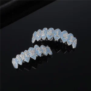 RENSINO Fangs Shaped Grillz Teeth Grills Gold Silver New Fashion Blue Brass Zircon Body Jewelry Geometric Light up Party Jewelry