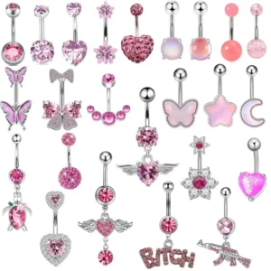 RENSINO Fashion 14G Pink Zircon Navel Piercing Stainless Steel Butterfly Heart Star Dangle Belly Button Rings for Women Body Jewelry