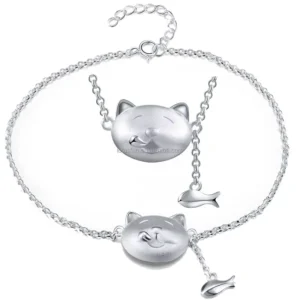 RENSINO Fashion 925 Sterling Silver Cat and Fish Shell Bracelet & Necklace Jewelry Fine Jewelry for Women