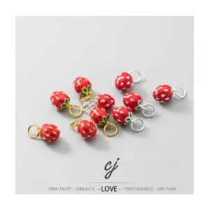 RENSINO Fashion 925 Sterling Silver DIY Pendant with Red Enamel 18K Gold Plated Strawberry Design Cute Charms for Jewelry Making