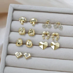 RENSINO Fashion 925 Sterling Silver Heart Cherry Mushroom Zircon Stud Earrings Irregular Plain Earrings Women Set